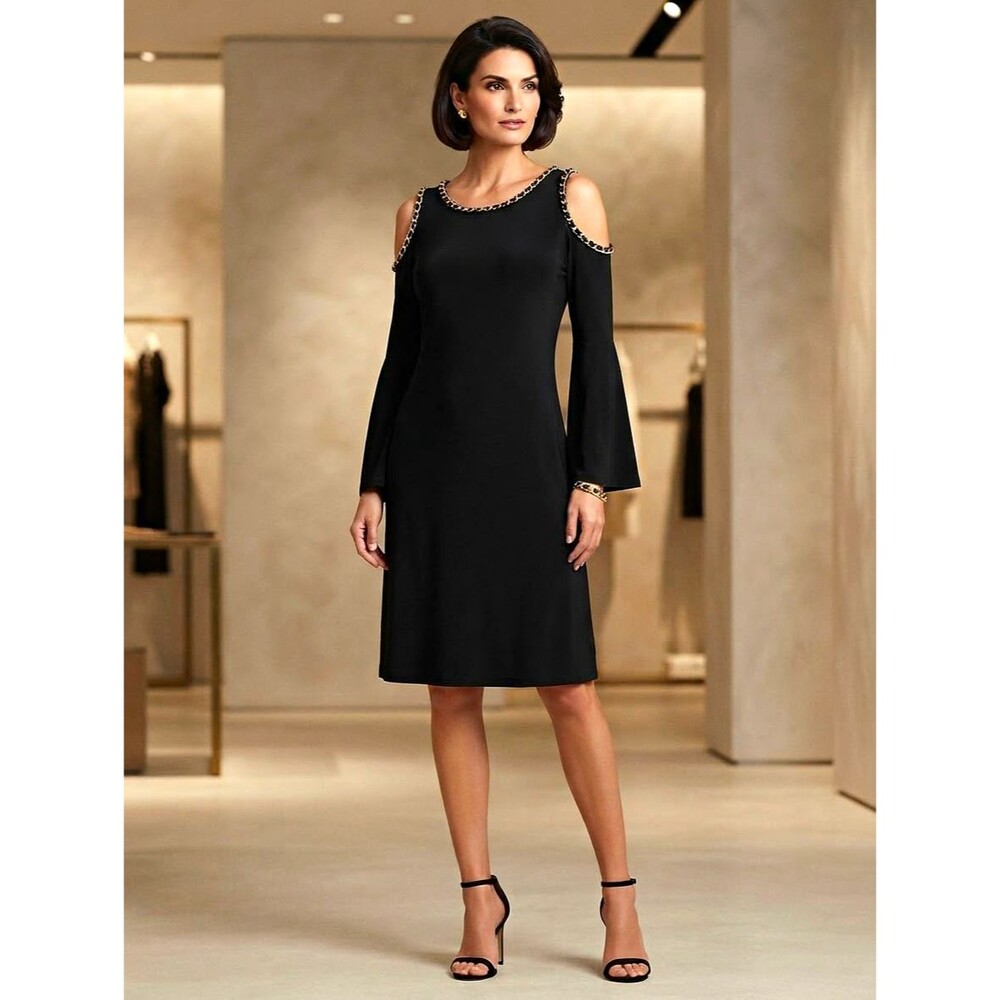 Calvin Klein Black Cold Shoulder Shift Dress With Chain Accent